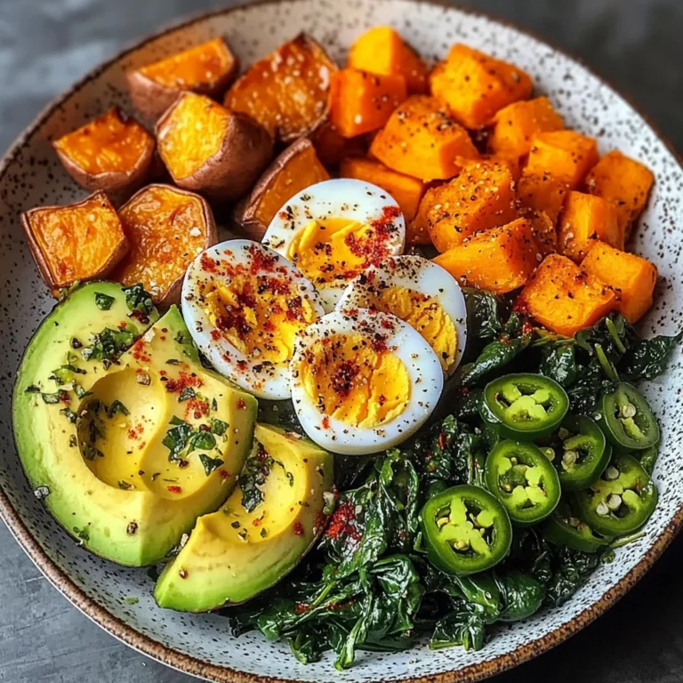 Avocado Power Plate with Jammy Eggs, Spinach & Sweet Potatoes