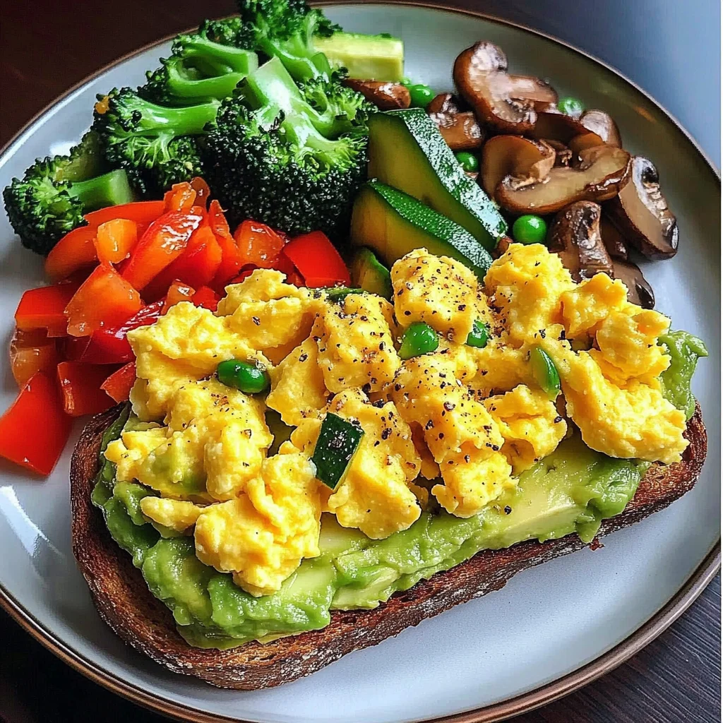 Avocado Toast with Scrambled Eggs & Sauted Veggies