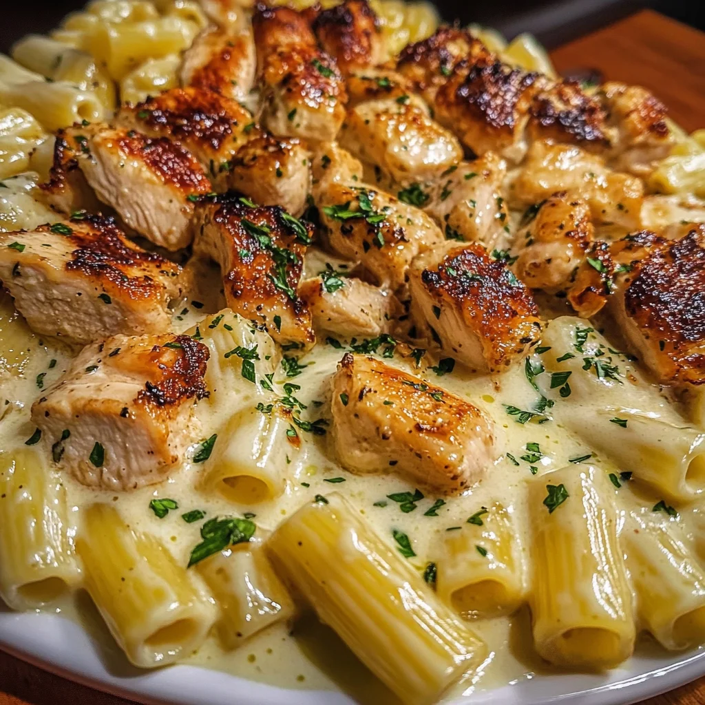 Cheesy Chicken Alfredo Rigatoni in Garlic Butter Sauce