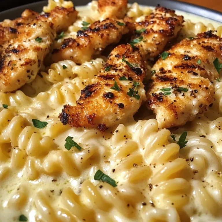 Cheesy Rotini Alfredo with Garlic Chicken Strips