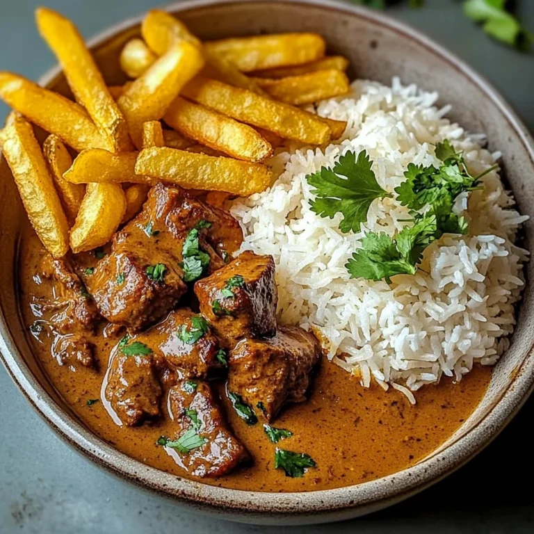 Coconut-Infused Beef Curry with Fries and Rice