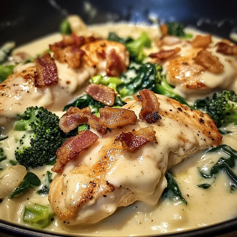 Creamy Garlic Butter Chicken Alfredo with Crispy Bacon, Spinach & Broccoli