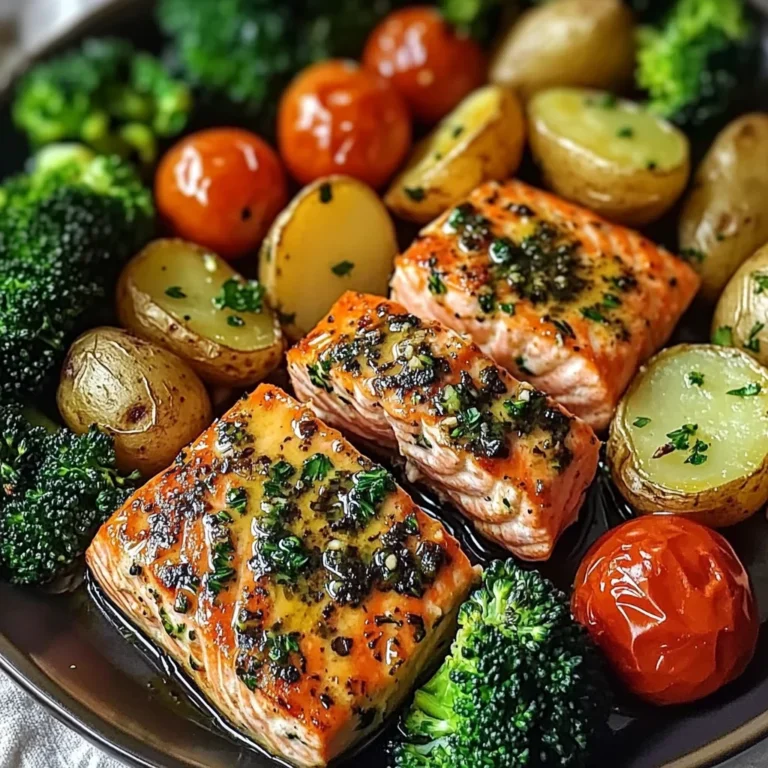 Garlic Butter Salmon with Roasted Veggies & Baby Potatoes