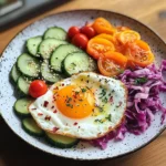 Rainbow Veggie and Sauerkraut Plate with Sunny Eggs