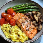 Salmon Power Bowl with Scrambled Eggs, Asparagus & Sauted Mushrooms
