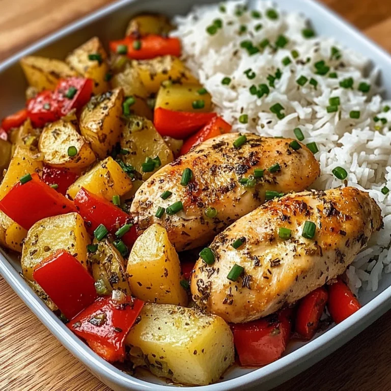 Savory Herb Chicken with Roasted Potatoes, Bell Peppers & Steamed Rice